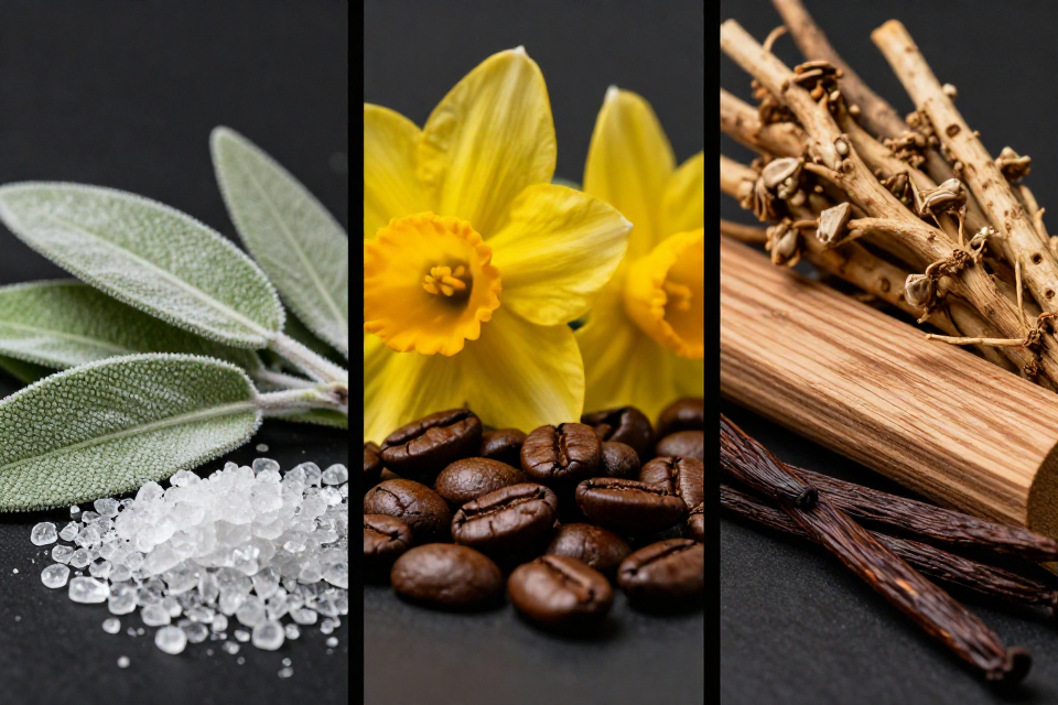 A three-panel triptych showcasing frosted clary sage and peppermint, yellow narcissus flowers next to roasted coffee beans, and vetiver roots beside cedarwood logs.