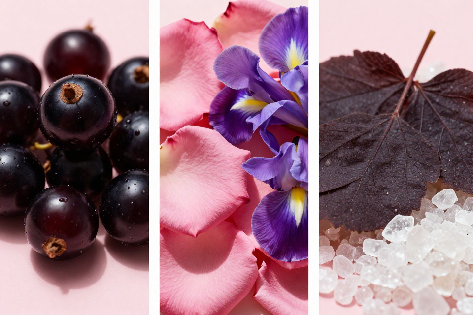 A three-panel triptych showcasing dark blackcurrant berries, velvet-textured pink rose petals next to iris blooms, and patchouli leaves beside white musk crystals.