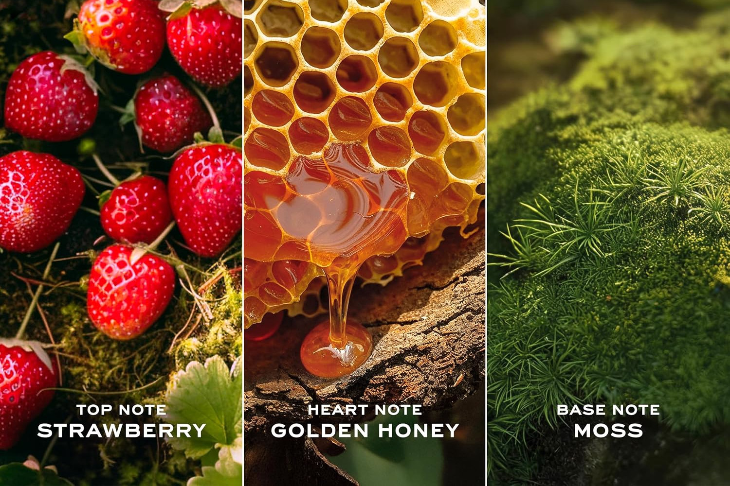 A three-panel triptych showcasing strawberries and pears, honey with jasmine and rose buds, and vanilla beside moss, benzoin, and musk.