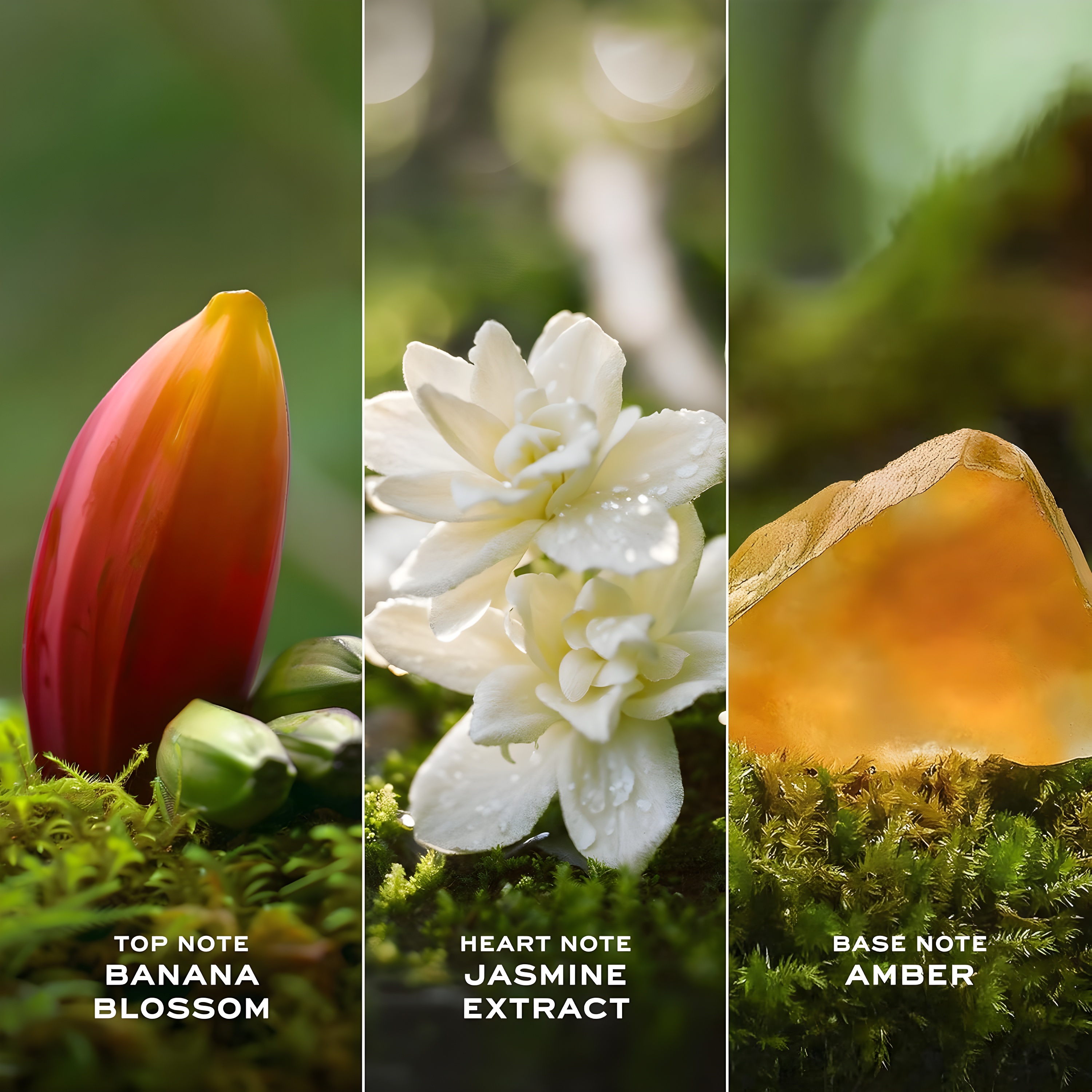 A three-panel triptych showcasing banana blossoms and green notes, jasmine next to tuberose, and amber resin beside sandalwood and vetiver.