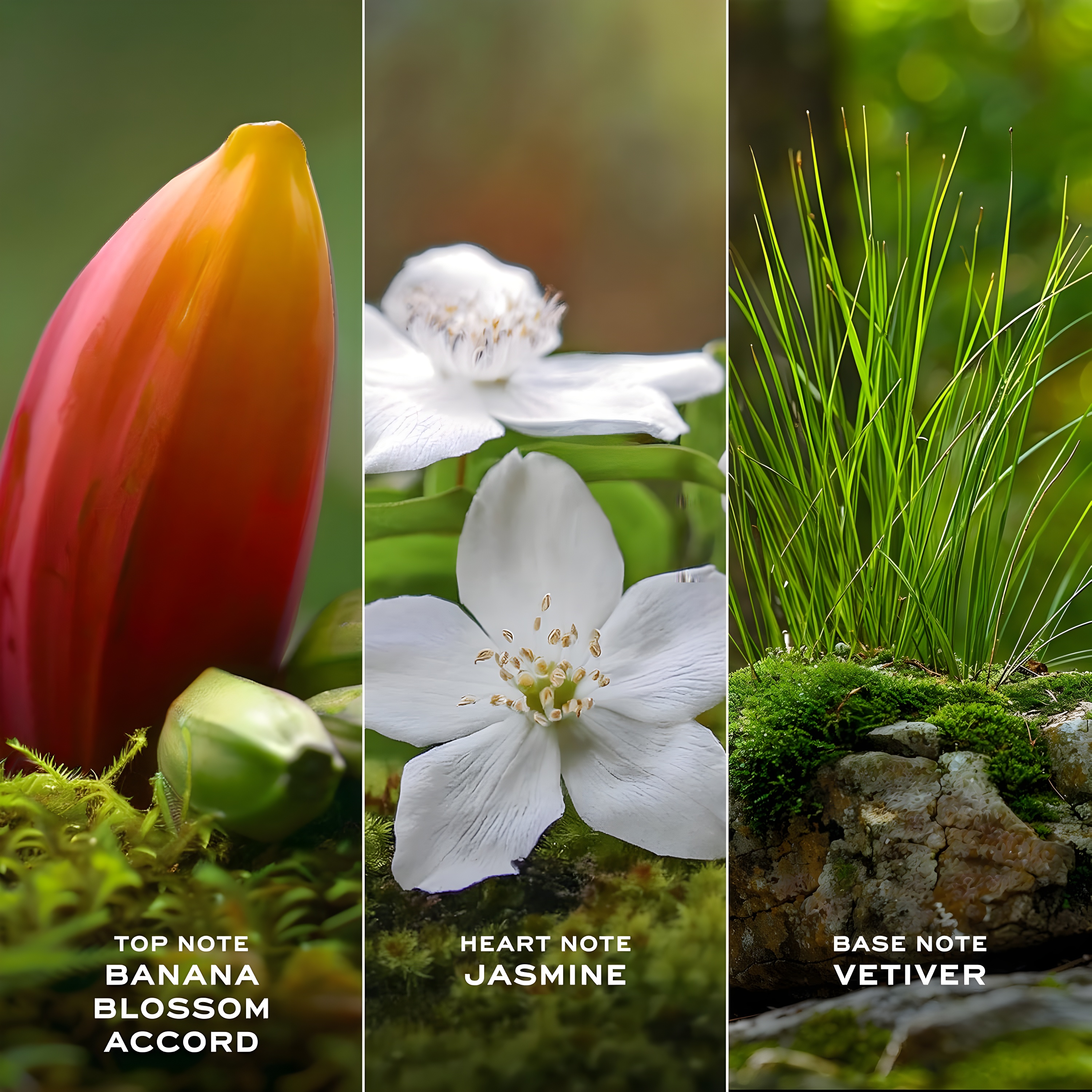 A three-panel triptych showcasing banana blossoms, jasmine with macadamia nuts, and sandalwood beside desert vetiver roots.