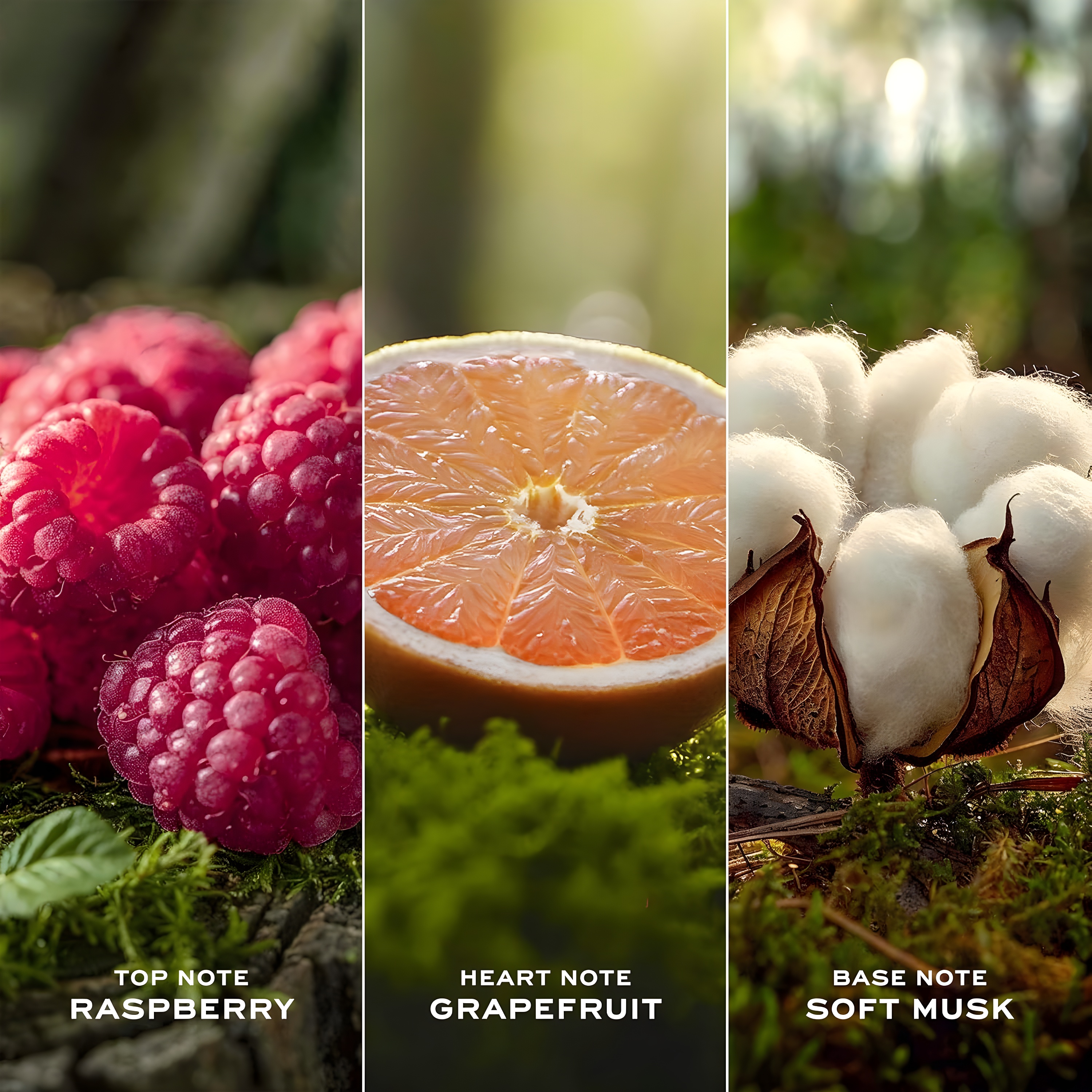 A three-panel triptych showcasing raspberries and grapefruit, wild roses with litchi and apple blossoms, and soft musks beside plum and cedarwood.