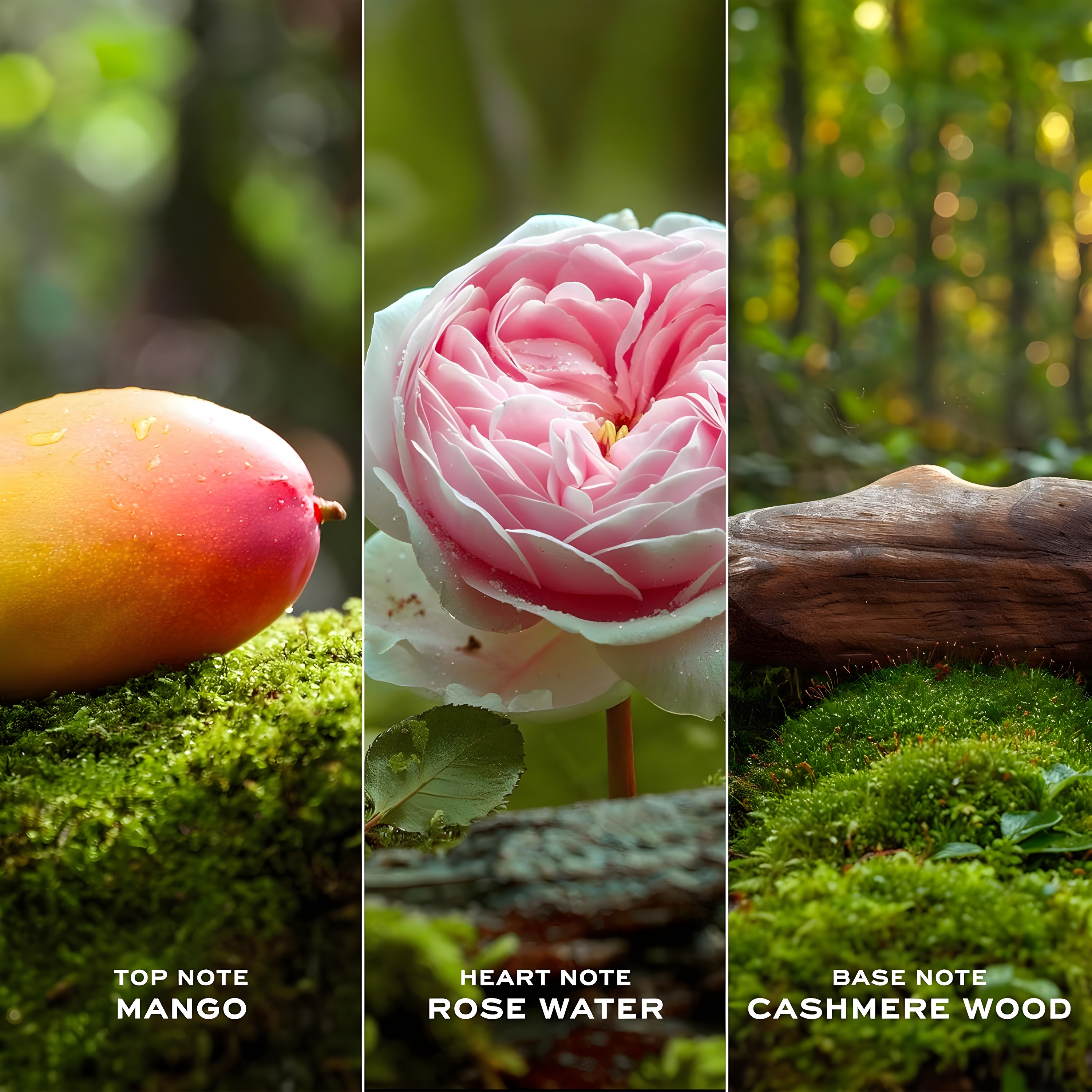 A three-panel triptych showcasing mango and citrus, rosewater next to orange blossoms, and smooth cashmere wood logs.