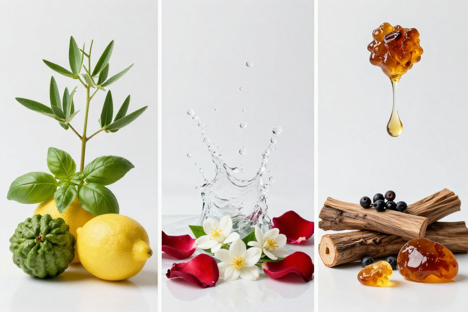 A three-panel triptych showcasing myrtle and basil with citrus, sea breeze with jasmine and rose, and mastic resin beside juniper, cedarwood, and amber.