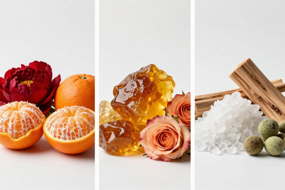 A three-panel triptych showcasing blood orange and red peony, solar amber next to roses, and vanilla musk beside cedarwood and oakmoss.