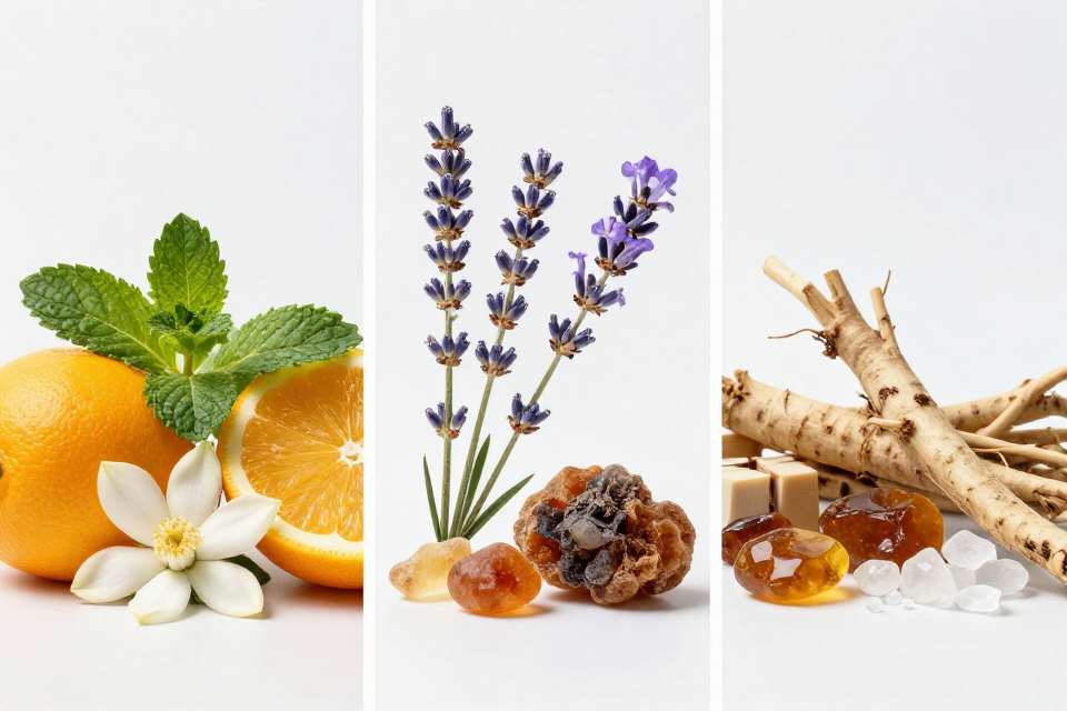 A three-panel triptych showcasing mint and citrus, lavender and geranium next to galbanum, and vetiver roots beside ambergris and musk.