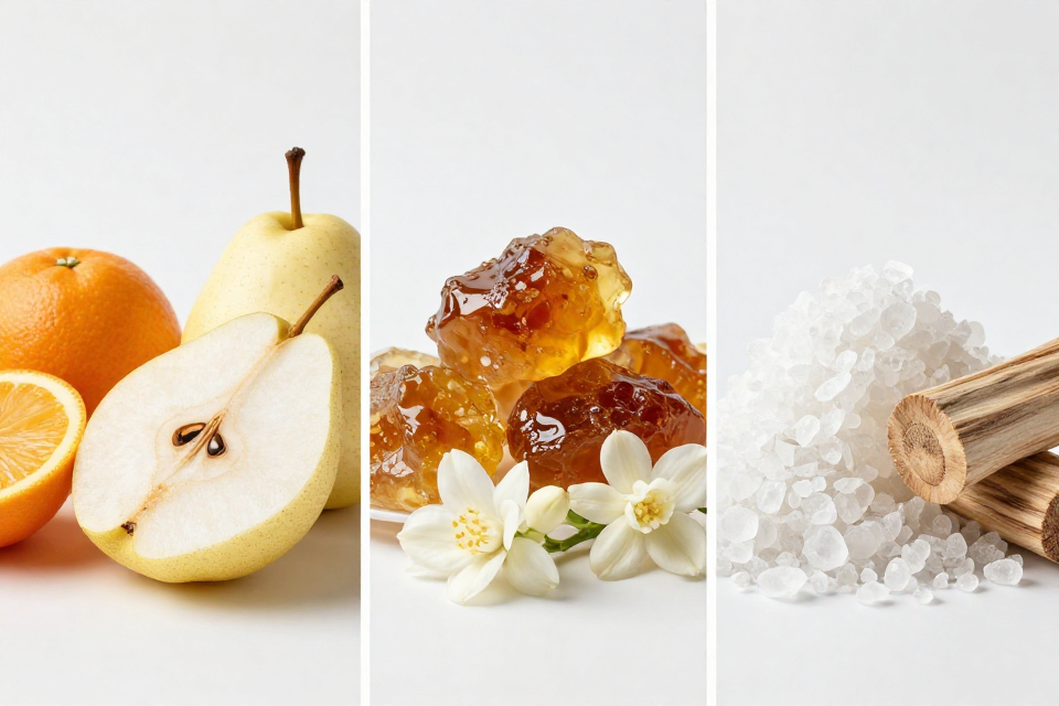 A three-panel triptych showcasing solar citrus and crisp pear, amber resin next to night-blooming jasmine, and vanilla musk beside cashmere wood.