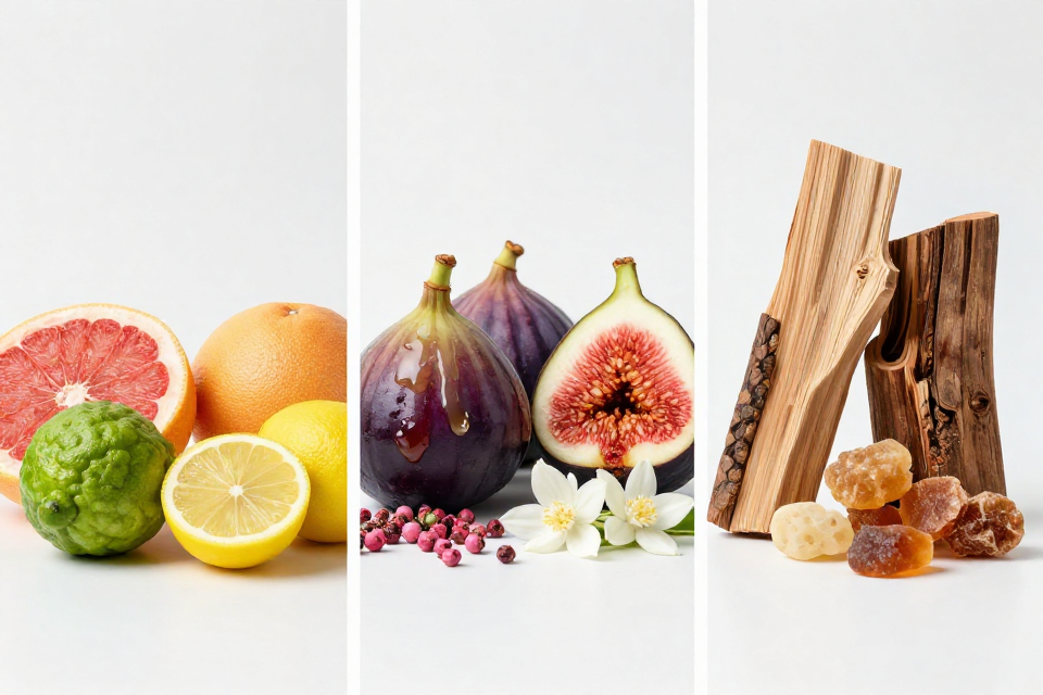 A three-panel triptych showcasing citrus fruits, ripe figs next to pink pepper and jasmine, and fig wood beside cedarwood and benzoin.