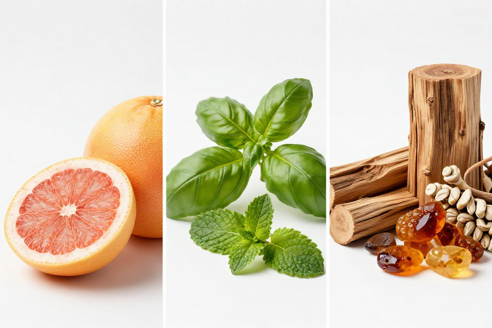 A three-panel triptych showcasing yuzu and grapefruit, basil sprigs next to mint leaves, and cedarwood logs beside vetiver and amber.