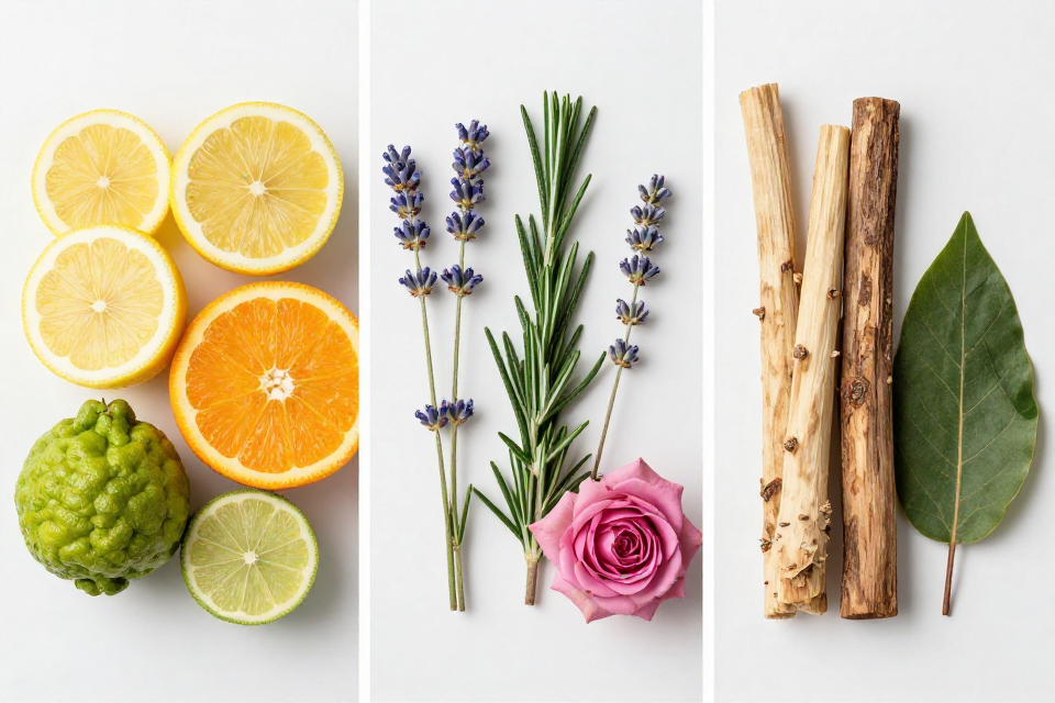 A three-panel triptych showcasing lemon and oranges, lavender and rosemary next to damask rose, and vetiver roots beside sandalwood and patchouli.
