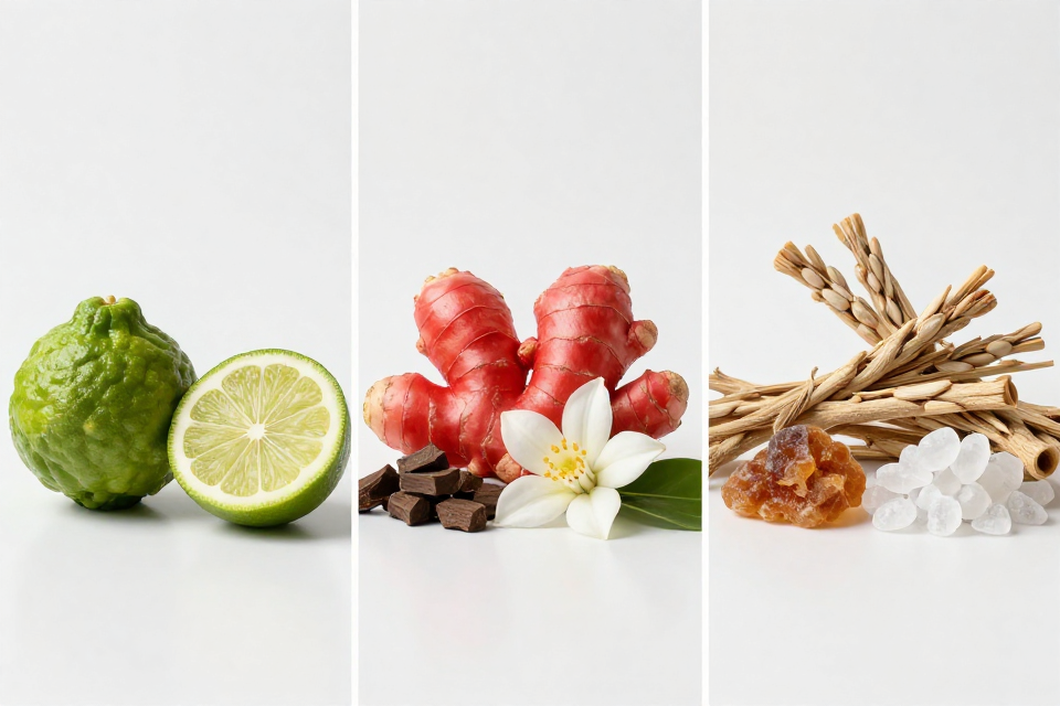 A three-panel triptych showcasing bergamot and citron, red ginger and cedarwood next to florals, and vetiver beside benzoin and musk.