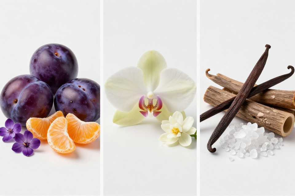 A three-panel triptych showcasing plums and mandarin, orchid and jasmine flowers, and vanilla pods beside musk and sandalwood.