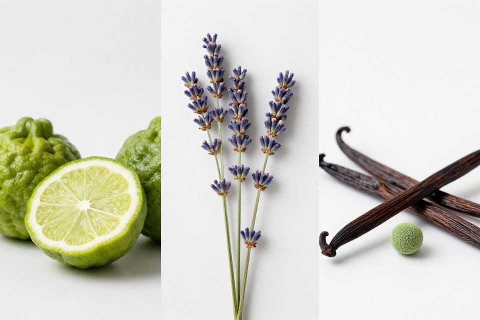 A three-panel triptych showcasing bergamot slices, lavender sprigs, and bourbon vanilla pods beside oakmoss.