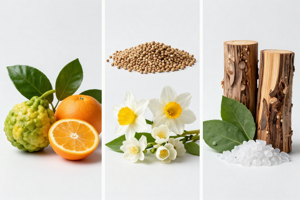 A three-panel triptych showcasing bergamot and oranges, coriander next to narcissus and jasmine, and cedarwood beside patchouli and white musk.
