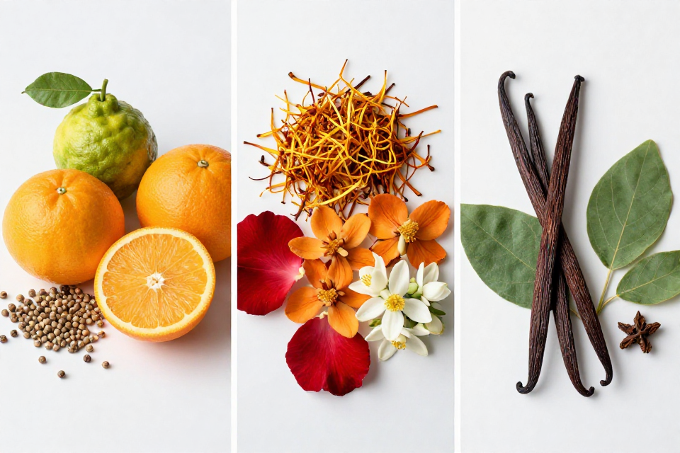 A three-panel triptych showcasing citrus and coriander, saffron threads with rose and jasmine, and vanilla pods beside patchouli and tonka beans.