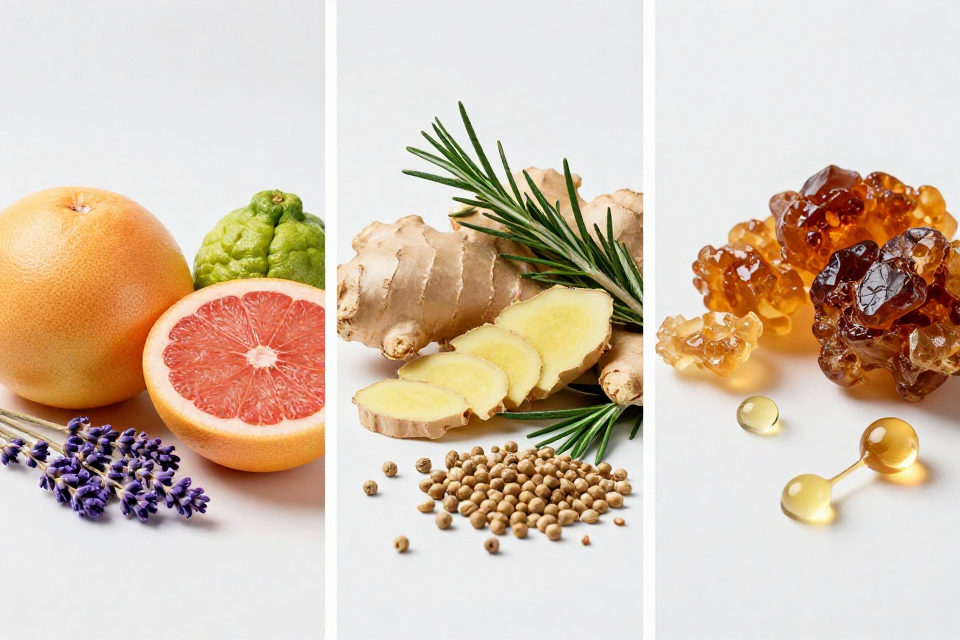 A three-panel triptych showcasing grapefruit and lavender, ginger with rosemary and coriander, and ambroxan beside labdanum and ambergris.
