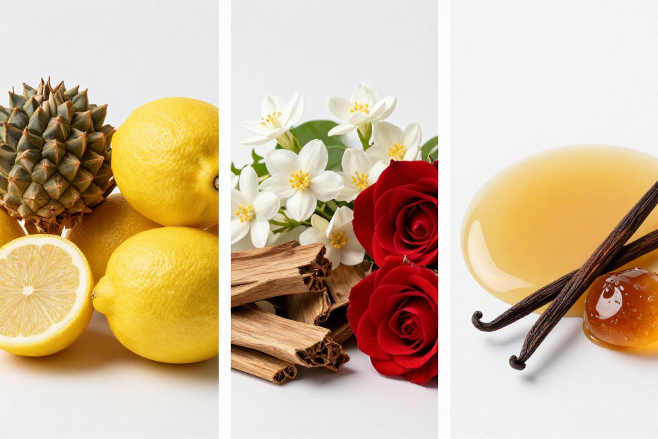 A three-panel triptych showcasing tropical fruits with lemon, jasmine and roses next to cedarwood, and liquid caramel beside amber and vanilla.