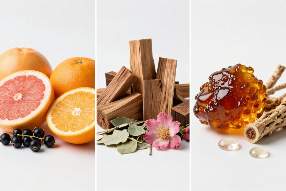 A three-panel triptych showcasing grapefruit and oranges with black currants, cedarwood next to patchouli and geranium, and amber beside vetiver and benzoin.