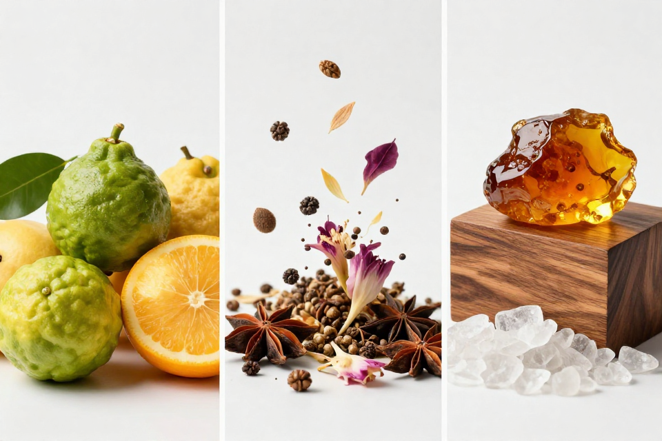 A three-panel triptych showcasing bergamot and fruits, spices with florals, and wood blocks beside amber and musk.