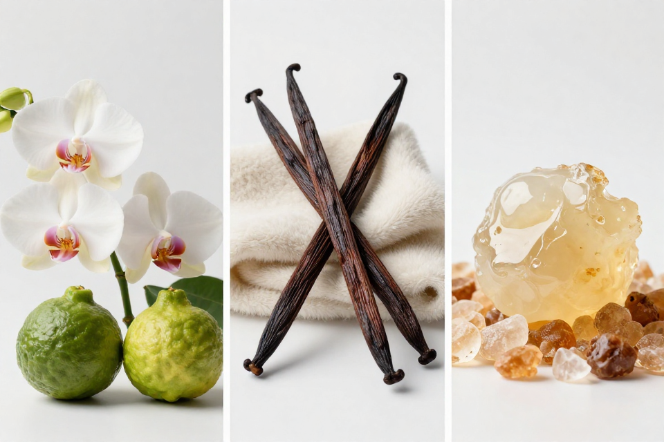 A three-panel triptych showcasing vanilla orchids with bergamot, Madagascar vanilla pods next to cashmere wood, and white amber beside warm musk.
