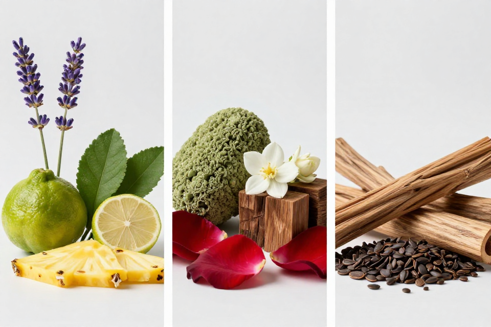 A three-panel triptych showcasing lavender and bergamot with pineapple, oakmoss next to jasmine and cedarwood, and tonka bean beside sandalwood.