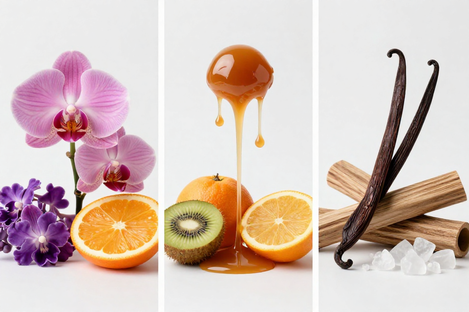 A three-panel triptych showcasing orchid and heliotrope with tangerine, gourmand accords next to tropical fruits, and vanilla beside sandalwood and white musk.