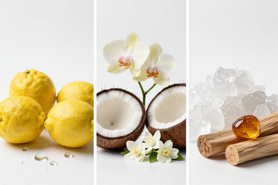 A three-panel triptych showcasing bergamot and lemon with aquatic notes, vanilla orchid next to coconut and jasmine, and clean musk beside amber and sandalwood.