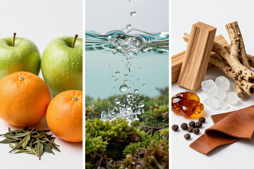 A three-panel triptych showcasing green apple and tea with bitter orange, sea spray next to moss and aquatic notes, and cedarwood beside vetiver, musk, amber, and leather.