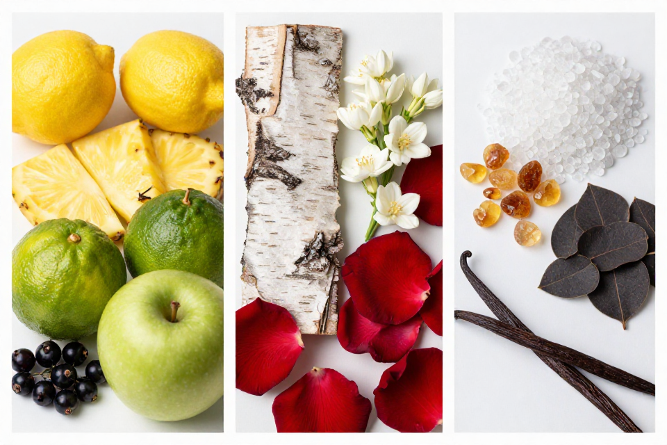 A three-panel triptych showcasing lemon and pineapple with black currant, birch next to jasmine and rose, and musk beside ambergris, patchouli, and vanilla.
