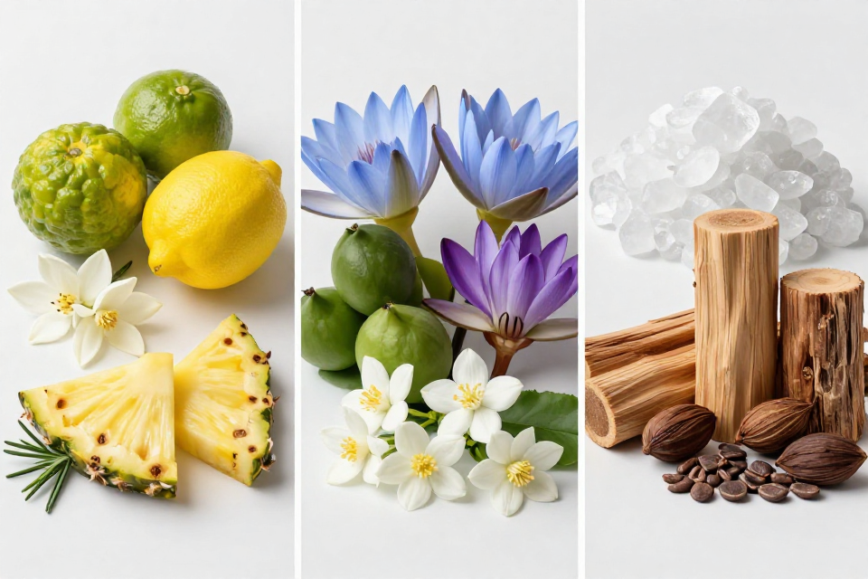 A three-panel triptych showcasing bergamot and lemon with pineapple, water lily next to oakmoss and jasmine, and musk beside cedarwood, sandalwood, and rosewood.
