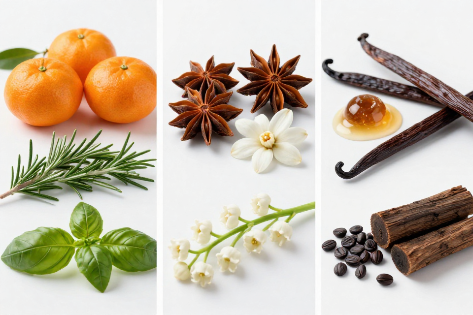 A three-panel triptych showcasing mandarin and herbs, anise next to neroli and florals, and benzoin beside vanilla, tonka bean, and ironwood.