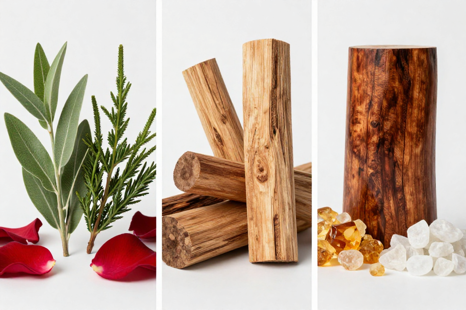 A three-panel triptych showcasing myrtle and cypress with rose, sandalwood next to cedarwood, and Brazilian rosewood beside amber and white musk.