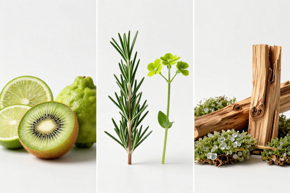 A three-panel triptych showcasing kiwi and bergamot, rosemary essence next to geranium, and crystal moss beside cedarwood.