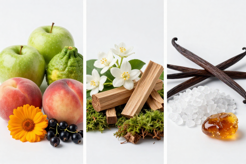 A three-panel triptych showcasing green apple and peach with bergamot, jasmine next to sandalwood and cedarwood, and vanilla beside musk and amber.