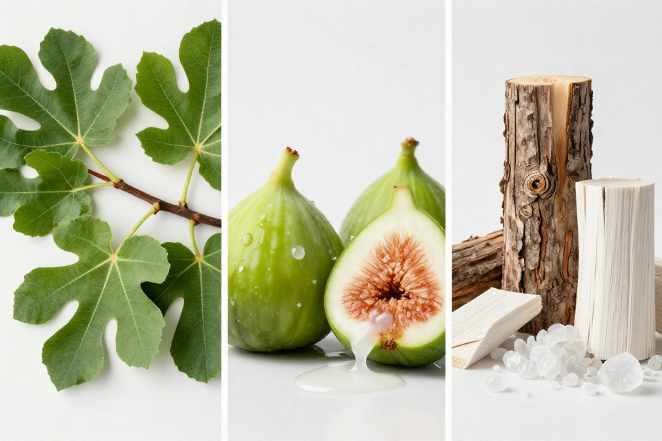 A three-panel triptych showcasing fig leaf and greenery, green fruit next to coconut accords, and fig tree wood beside white cedar and musk.