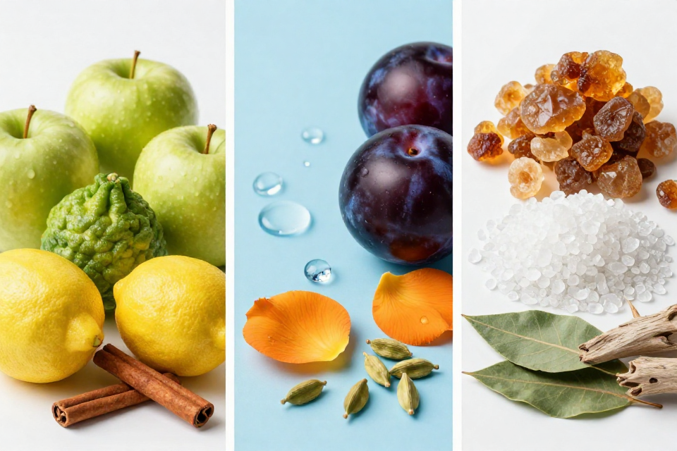 A three-panel triptych showcasing apple and lemon with cinnamon, aquatic notes next to plum and cardamom, and ambergris beside driftwood and patchouli.