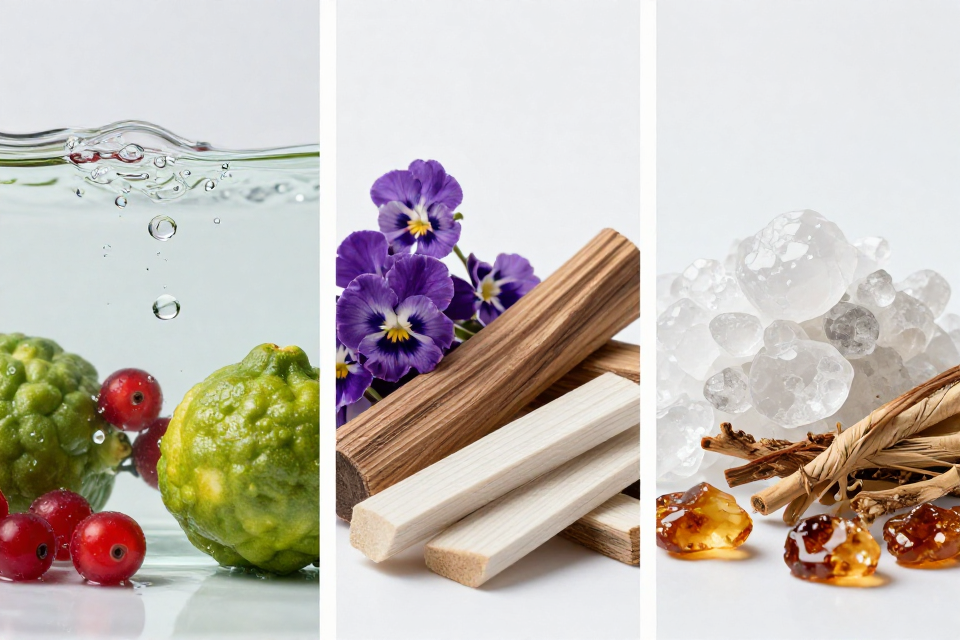 A three-panel triptych showcasing sea notes and red fruits with bergamot, violet next to sandalwood and white woods, and musk beside ambroxan and vetiver.