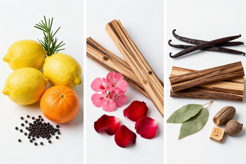 A three-panel triptych showcasing chinotto and lemon with black pepper, pepperwood next to geranium and rose, and Madagascan vanilla beside tonka bean, cedarwood, patchouli, and sandalwood.