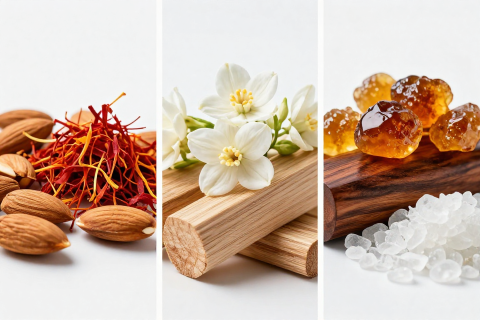 A three-panel triptych showcasing bitter almond and saffron, Egyptian jasmine next to cedarwood, and ambergris beside woody notes and musk.