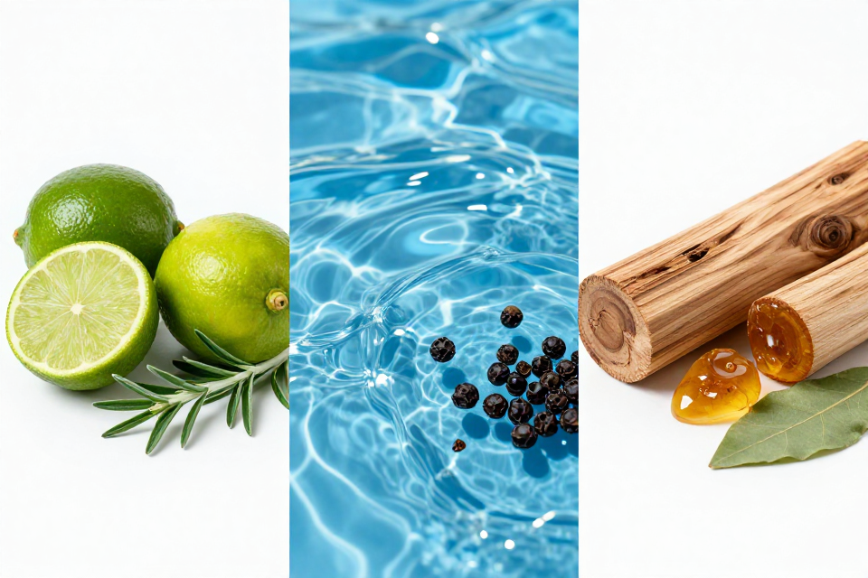 A three-panel triptych showcasing lime oil and absinthe, ozone accord next to pepper, and cedarwood beside amber and patchouli.