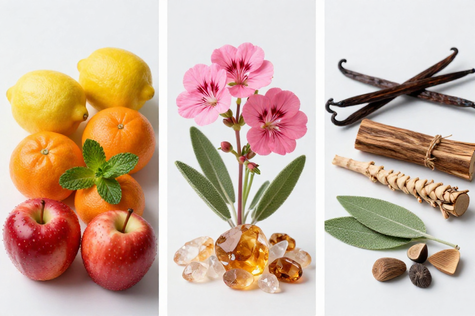 A three-panel triptych showcasing Italian lemon and mint with candy apple, geranium next to clary sage and ambermax, and Madagascan vanilla beside cedarwood, vetiver, patchouli, and sandalwood.