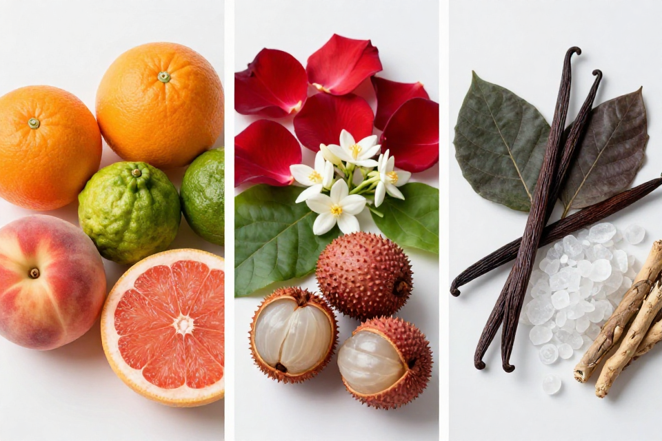 A three-panel triptych showcasing orange and peach with grapefruit, rose next to jasmine and litchi, and patchouli beside vanilla, musk, and vetiver.