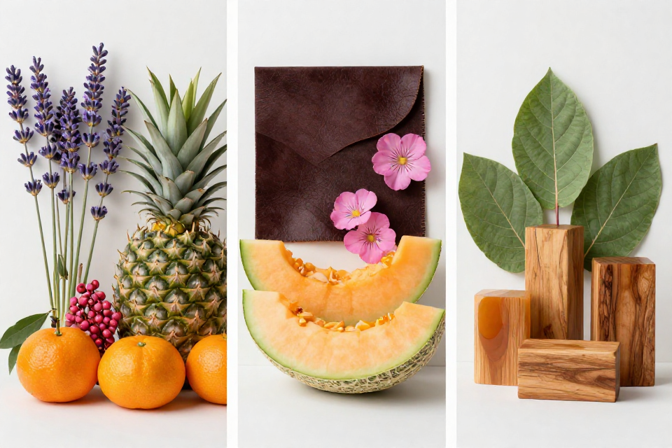 A three-panel triptych showcasing lavender and pink pepper with pineapple leaf, suede next to melon and geranium, and patchouli beside amber wood.