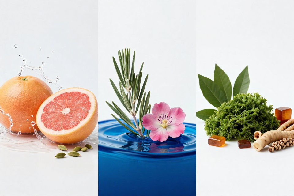 A three-panel triptych showcasing grapefruit and cardamom with sea notes, clary sage next to geranium and marine accord, and salty moss beside patchouli, amberwood, and vetiver.