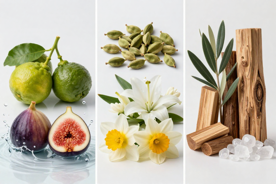 A three-panel triptych showcasing bergamot and green mandarin with fig, cardamom next to lily and jasmine, and sandalwood beside cedar, olive tree, and musk.